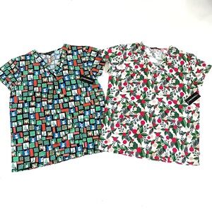 Set of 2 NWT Colorful Christmas print scrub uniform Tops size small